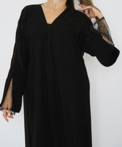 أمول - عباية سوداء فاخرة مع دانتيل عروق مع تطريز 6005