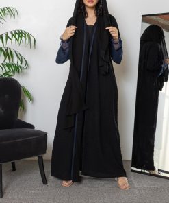 أمول - عباية سوداء سادة منقطة الكم دانتيل N1055