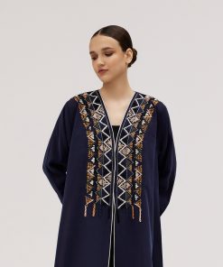 عبايات سوروزيه - عبايات لف حرير مغسول نص كلوش كحلي مطرزة بألوان أنيقة