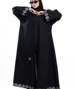 زاهية - عباية سكون كلوش بتطريز كحلي&فضي مع كرستال