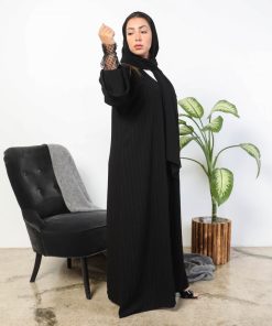 Alternative view of أمول - عبايه سوداء بكم دانتيل قماش مخطط بارد 1008