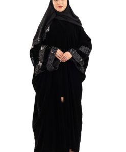 زاهية - عباية مرام مخمل اسود بورد وترتر