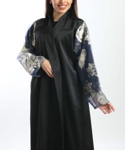 أمول - عباية سوداء باكمام اورقانزة مطبوعة 5056