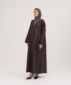 Alternative view of عبايات سوروزيه - عباية لف كريب نص كلوش بني بخياطة طولية ولمسة بوكس أنيقة