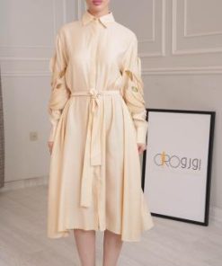 فستان أصفر كم كامل - فخامة المناسبات الراقية بتصميم أنيق