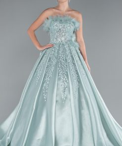 Alternative view of متجر زحل - فستان سهرة ساتان مطفي مطرز بالتول والريش قصة أميرية فاخر