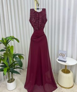أزياء الأميرة - فستان سهرة عنابي راقي مطرز بالترتر – خامة جورجيت فخم للمناسبات