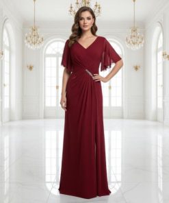 فستان سهرة أحمر شيفون للمناسبات الفخمة | تصميم ملكي بكمّ فراشة