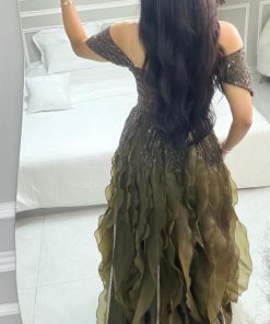 أزياء الأميرة - فستان سهرة فاخر زيتي وبيج راقية