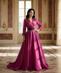 فستان فوشي بحزام اسود