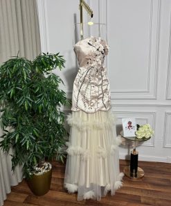 أزياء الأميرة - فستان سهره الخامه ميكادو +تطريز يدوي+تل +ورود ليزر تفته استرتش دبل كلوش