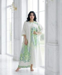 جلابية قطعتين فضفاضة باللون الأبيض والأخضر