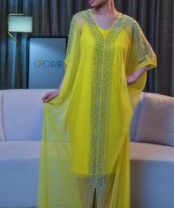 جلابية شيفون أصفر مطرزة فخمة