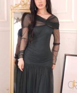 فستان ميدي باللون الزيتي بتصميم أنيق ولمسة أنثوية راقية