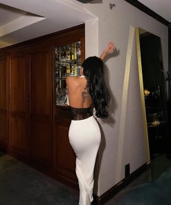 Alternative view of متجر زحل - فستان سهرة أبيض كريب مع خصر دانتيل فرنسي