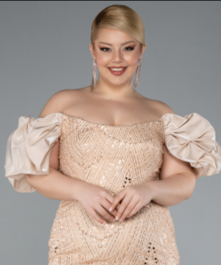 متجر زحل - فستان سهرة تول مطرّز بالترتر مع أكمام ساتان