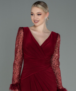 متجر زحل - فستان سهرة شيفون ناعم مع أكمام دانتيل مطرّزة