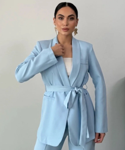 متجر زحل - طقم بدلة نسائية كريب بقصة رسمية مع حزام خصر – متعدد الألوان