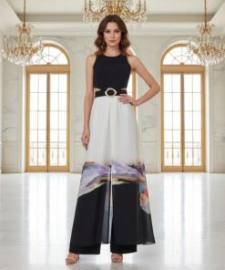 جمبسوت أسود وأبيض نسائي بخصر مكشوف وحزام ذهبي