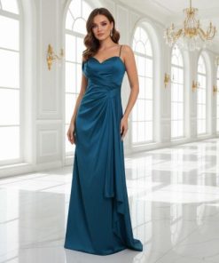 فستان سهرة أزرق ساتان فخم بكسرات وخصر مزموم