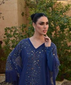 جلابية كحلي مطرزة فخمة - الأناقة السعودية التي تخطف الأنظار (مع فصوص لؤلؤ وكريستال)