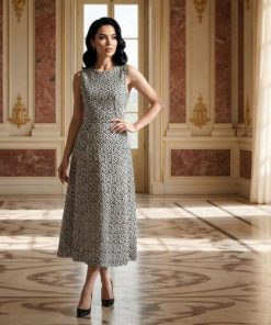 فستان ميدي أبيض وأسود بإطلالة أنثوية عصرية