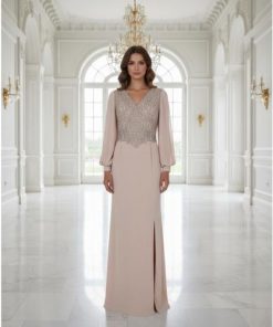 فستان سهرة شيفون لحمي مطرّز بالخرز