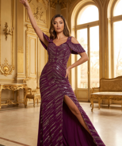 فستان سهرة برغندي طويل شك كامل - إطلالة ملكية ساحرة لأفخم مناسباتك