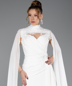 متجر زحل - فستان سهرة أبيض من الشيفون الحرير مع دانتيل فاخر