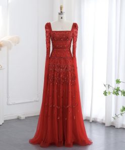 سمارا بوتيك - فستان سهرة فاخر احمر خمري بأكمام طويلة من سمارا بوتيك-A19