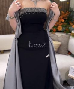 العنود للأزياء - فستان سهرة أسود بشت رصاصي بتطريز على الصدر مميز