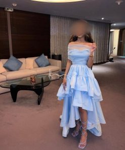 العنود للأزياء - فستان سهرة حفلات بلون سماوي بطبقات أنيقة