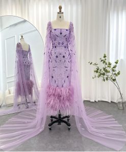 سمارا بوتيك - فستان سهرة ميدي تطريز يدوي مع ريش من سمارا بوتيك-SH15