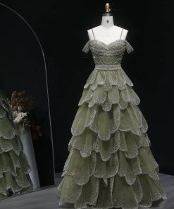 سمارا بوتيك - فستان خطوبة زيتوني مع طبقات التل من سمارا بوتيك-P104