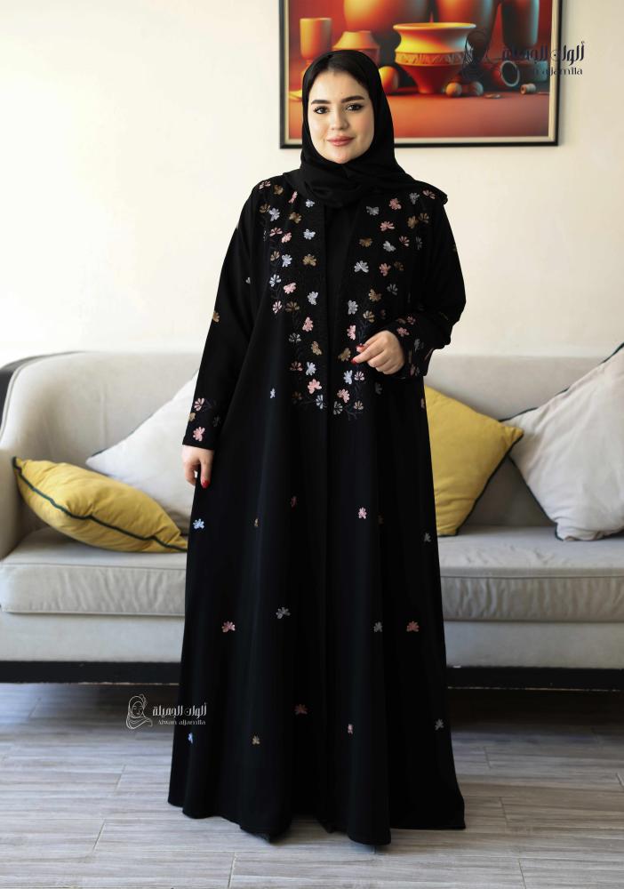 ألوان الجميلة - عباية أزهار الربيع – كريب إندونيسي بتطريز ناعم ملون