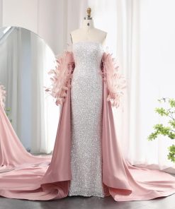 سمارا بوتيك - فستان سهرة ناعم بأكمام طويلة ترتر -لون قرنفل من سمارا بوتيك-S36