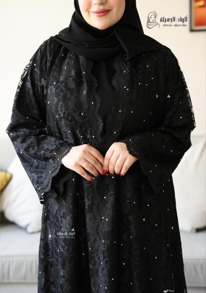 ألوان الجميلة - عباية دانتيل سوداء مطرزة نص كلوش فخمة للمناسبات - الصورة 3