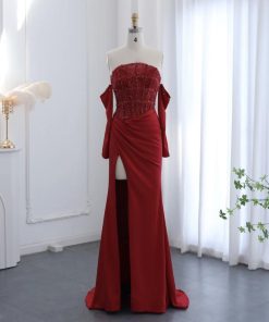 سمارا بوتيك - فستان سهرة فاخر من سمارا بوتيك-تطريز لؤلؤ مع ترتر انيق) احمر-E12