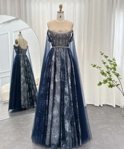 سمارا بوتيك - فستان سهرة خاص ازرق بأكمام الكيب الرائعة من سمارا بوتيك-A44