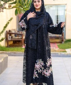 ألوان الجميلة  - عباية دانتيل كاملة مطرزة بقصة نص كلوش