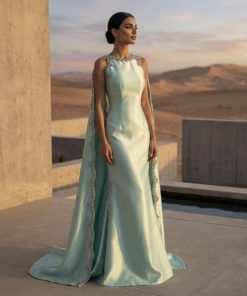 سمارا بوتيك - فستان ساتان باللون الأزرق الفاتح من سمارا بوتيك-P88