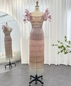 سمارا بوتيك - فستان سهرة ميدي مع أكتاف ريش ومتدرج الألوان من سمارا بوتيك-SH16