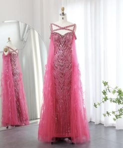 سمارا بوتيك - فستان سهرة فاخر فوشي مع أكمام من سمارا بوتيك-E24
