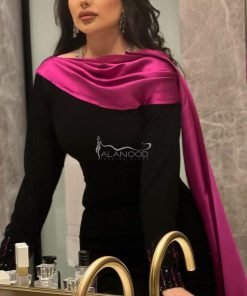Alternative view of العنود للأزياء - فستان أنيق طويل ساتر كريب سترتش مع شال فوشي