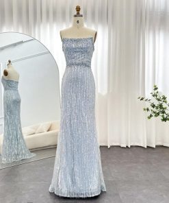 سمارا بوتيك - فستان سهرة فاخر بدون حمالات باللون الأزرق الفاتح من سمارا بوتيك-E28