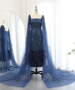 سمارا بوتيك - فستان سهرة ميدي تطريز يدوي مع ريش من سمارا بوتيك-SH13