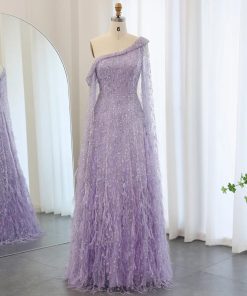 سمارا بوتيك - فستان سهرة فاخر من سمارا بوتيك- بكتف واحد بأكمام وريش-E10
