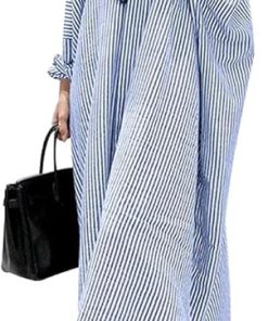 أمازون سيليكتيف - فستان ماكسي كاجوال فضفاض مخطط من القطن بأكمام طويلة وأزرار أمامية للنساء من شوياتو