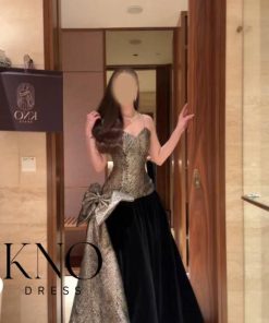 كنوا للملابس - فستان سهرة جوخ جاكار فاخر بتصميم كورسيه وأكمام منفصلة
