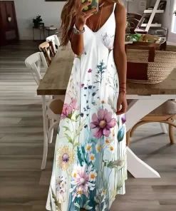 just fashion now  - فستان صيفي نسائي مطبوع بالزهور بدون أكمام وياقة V كاجوال يومي ماكسي سليب بقصة X